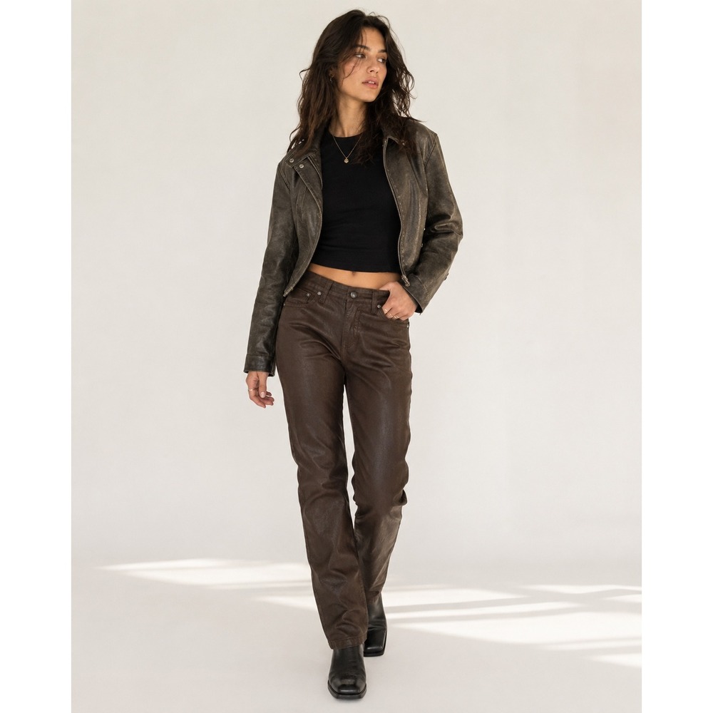 V Cristina Brown Coated Denim Slim Fit Pants Size 6 Faux Leather Look Stretch